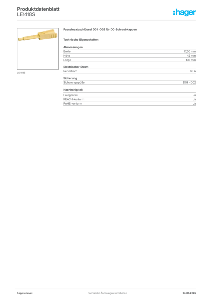 Bild Hager Produktdatenblatt LE1418S | Hager Deutschland