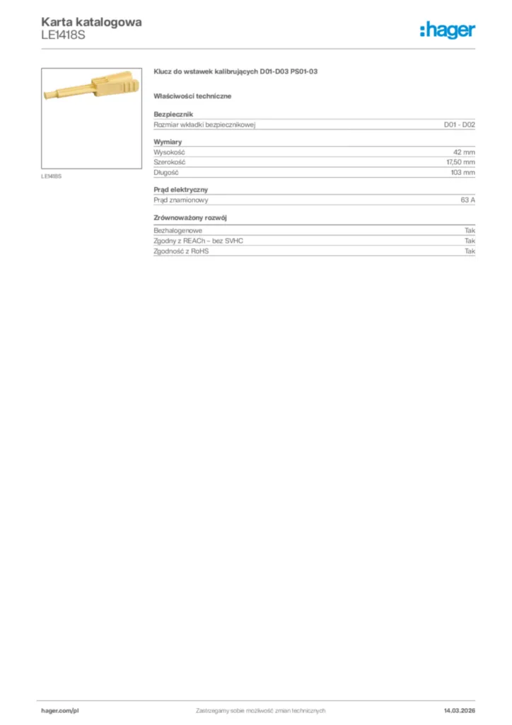 Zdjęcie Hager Karta katalogowa LE1418S | Hager Polska