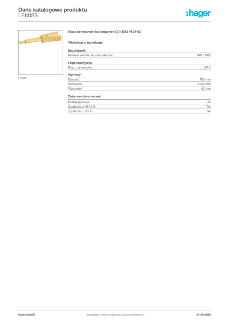 Zdjęcie Hager Karta katalogowa LE1418S | Hager Polska
