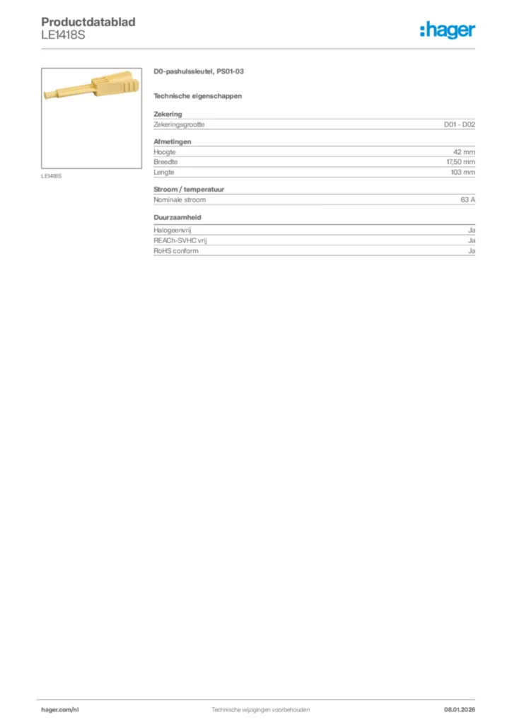 Afbeelding Hager Productdatablad LE1418S | Hager Nederland