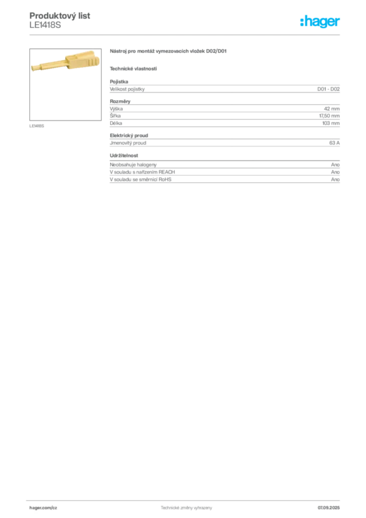 Obrázek Hager Produktový list LE1418S | Hager