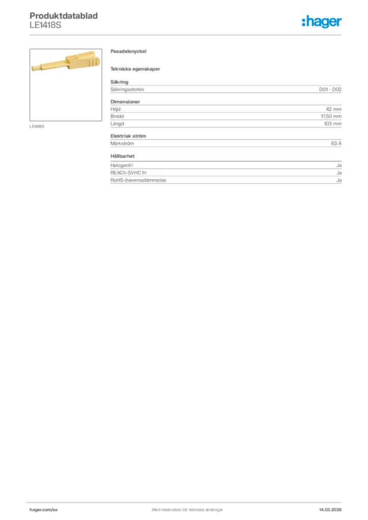 Bild Hager Produktdatablad LE1418S | Hager Sverige