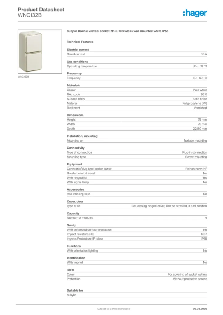 Image Hager Product data sheet WNC132B  | Hager Africa