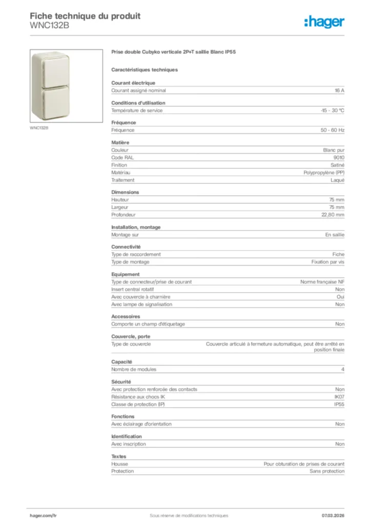Image Hager Fiche technique du produit WNC132B | Hager France