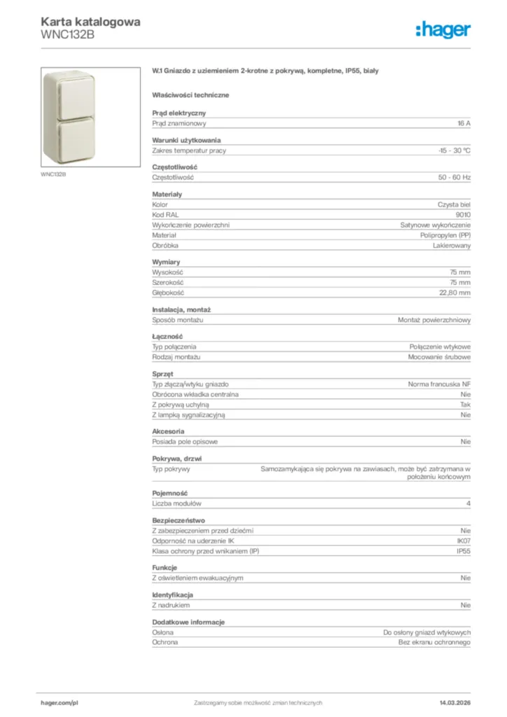 Zdjęcie Hager Karta katalogowa WNC132B | Hager Polska