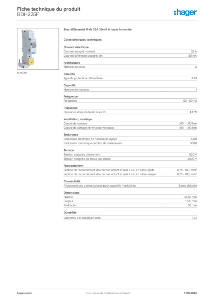 Image Hager Fiche technique du produit BDH225F | Hager France