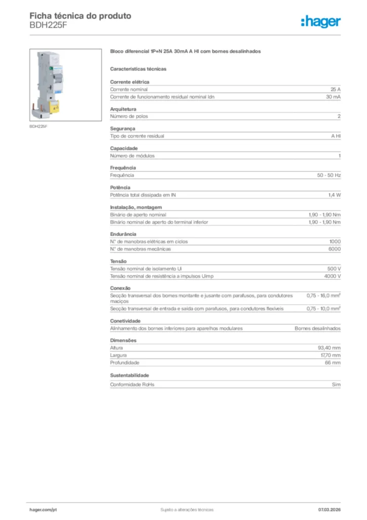 Imagem Hager Ficha técnica do produto BDH225F | Hager Portugal