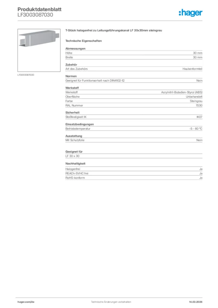 Bild Hager Produktdatenblatt LF3003087030 | Hager Deutschland