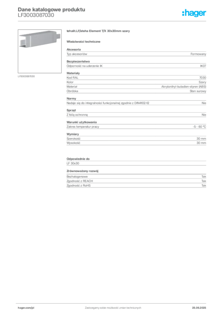 Zdjęcie Hager Karta katalogowa LF3003087030 | Hager Polska