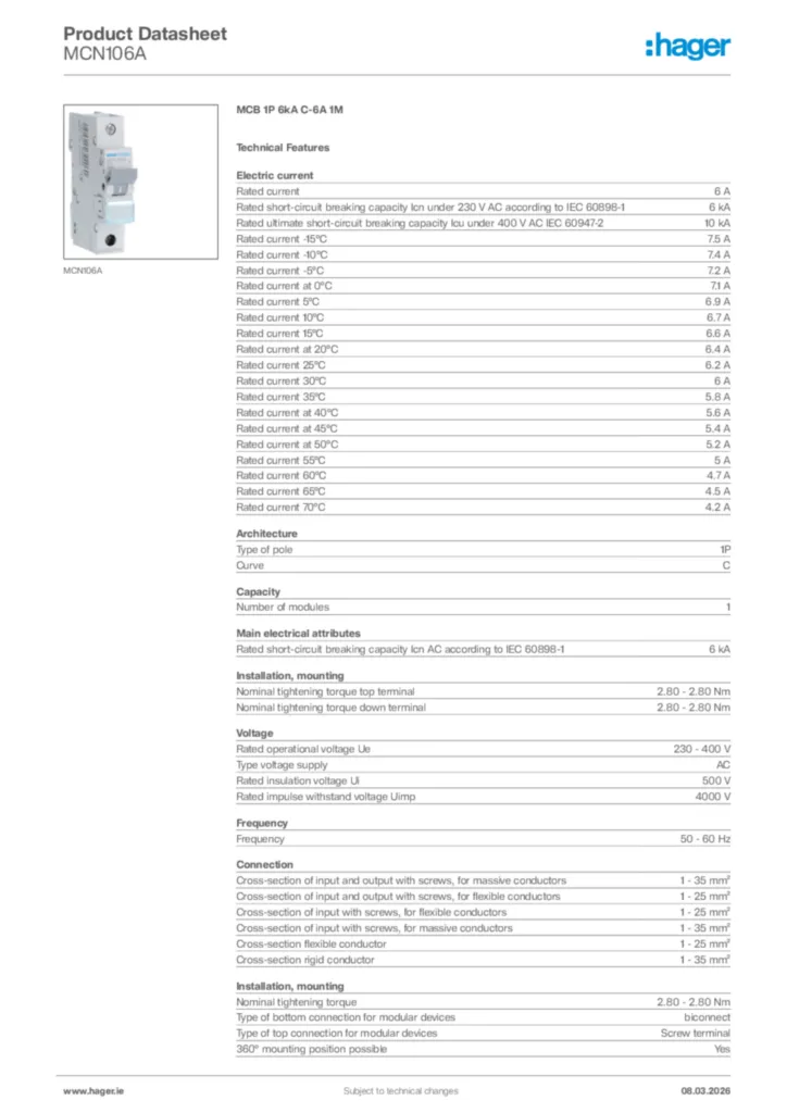 Image Hager Product data sheet MCN106A  | Hager