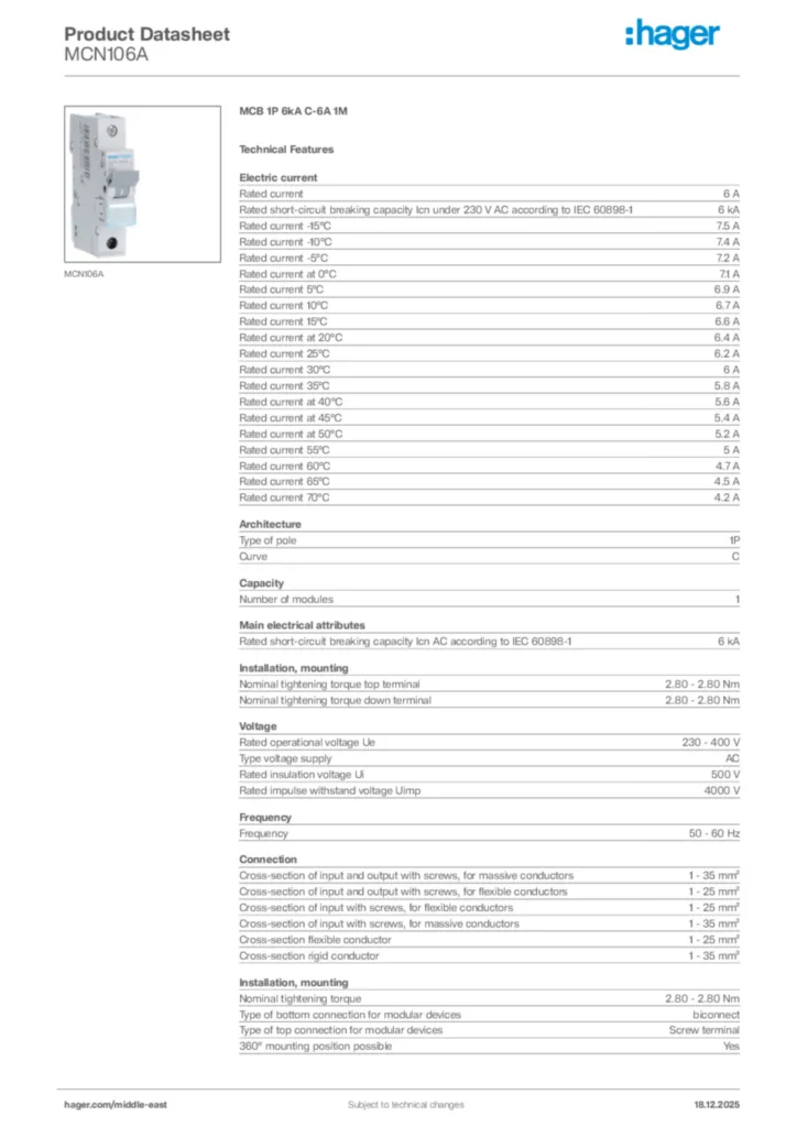 Image Hager Product data sheet MCN106A  | Hager