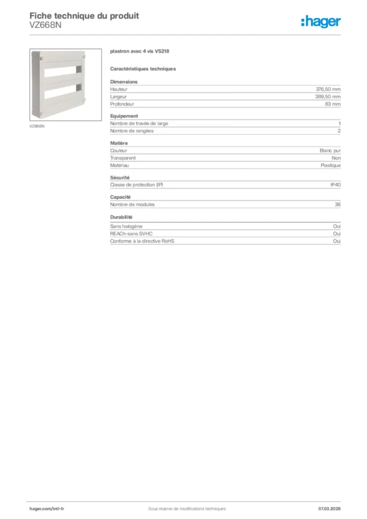 Image Hager Fiche technique du produit VZ668N | Hager Afrique
