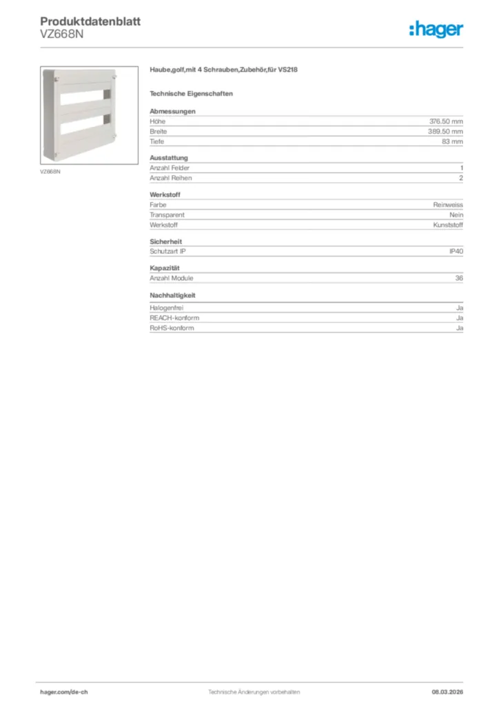 Bild Hager Produktdatenblatt VZ668N | Hager Schweiz
