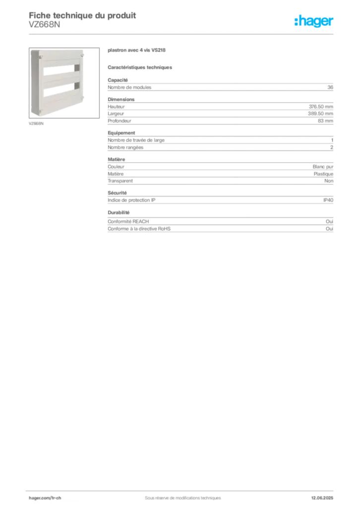 Image Hager Fiche technique du produit VZ668N | Hager Suisse