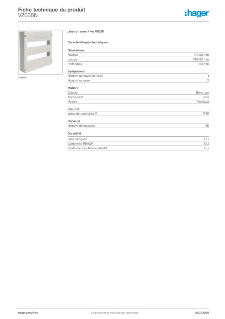 Image Hager Fiche technique du produit VZ668N | Hager Suisse