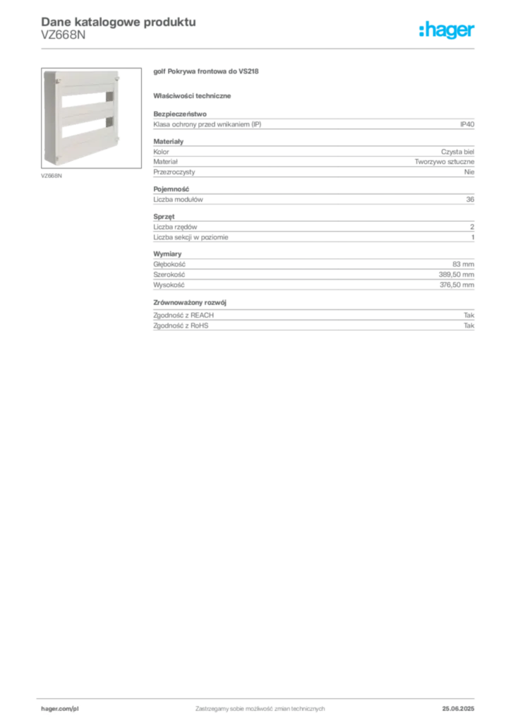Zdjęcie Hager Karta katalogowa VZ668N | Hager Polska