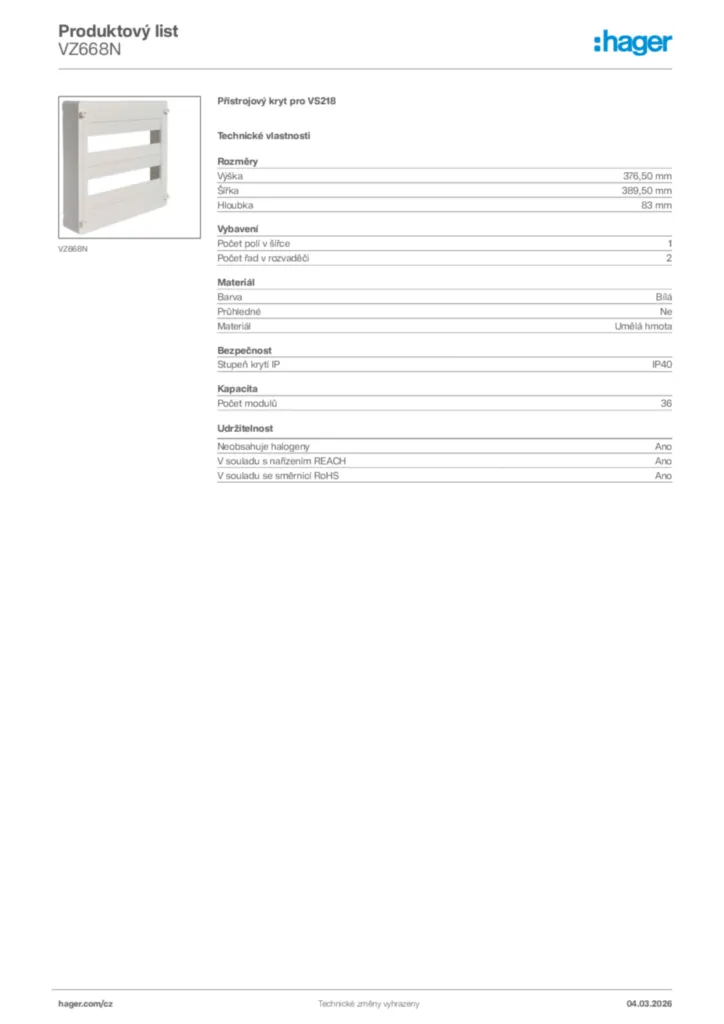 Obrázek Hager Product data sheet VZ668N | Hager