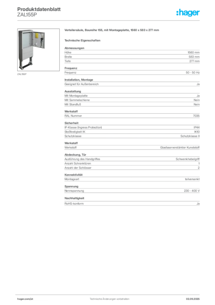 Bild Hager Produktdatenblatt ZAL155P | Hager Deutschland