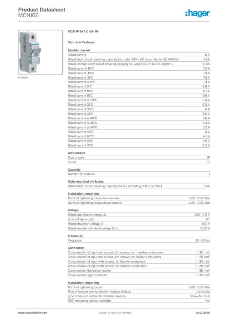 Image Hager Product data sheet MCN106  | Hager