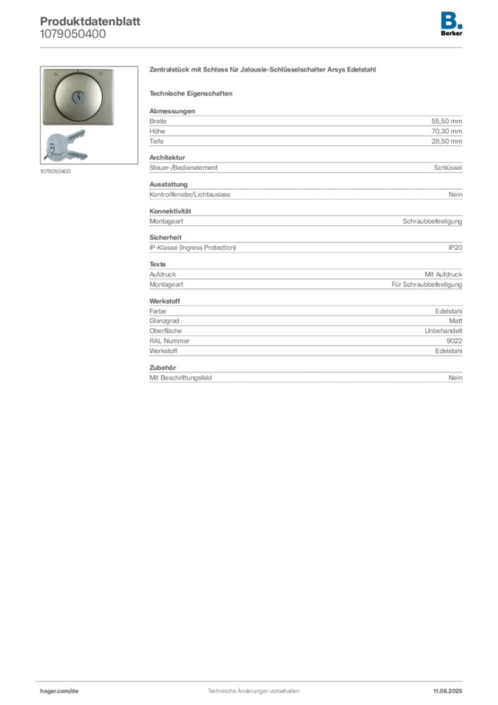 Bild Berker Produktdatenblatt 1079050400 | Hager Deutschland