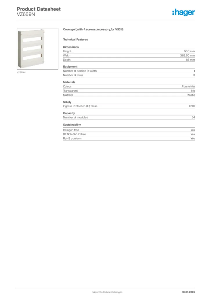 Image Hager Product data sheet VZ669N  | Hager Africa