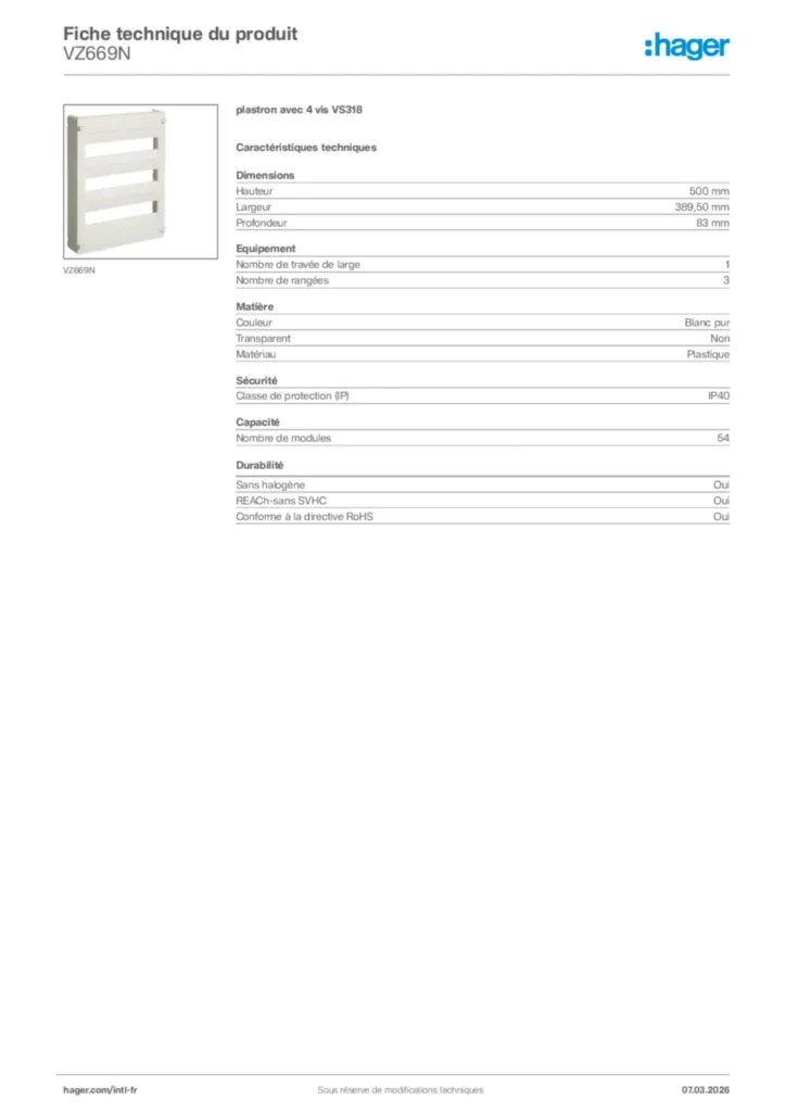 Image Hager Fiche technique du produit VZ669N | Hager Afrique