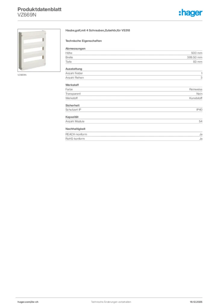 Bild Hager Produktdatenblatt VZ669N | Hager Schweiz