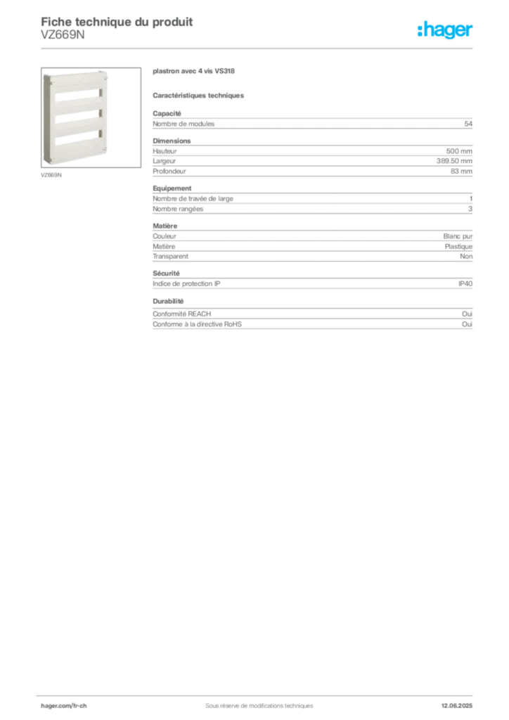 Image Hager Fiche technique du produit VZ669N | Hager Suisse