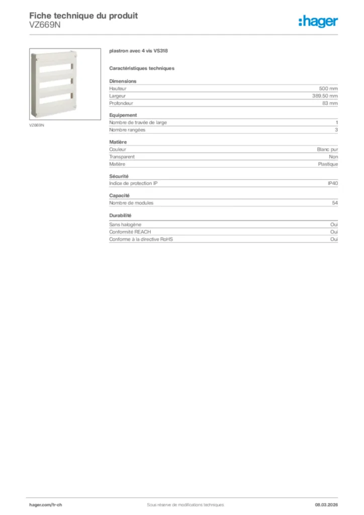 Image Hager Fiche technique du produit VZ669N | Hager Suisse