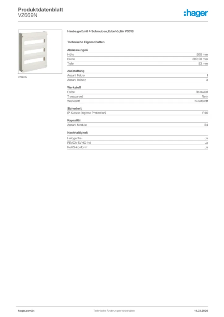 Bild Hager Produktdatenblatt VZ669N | Hager Deutschland