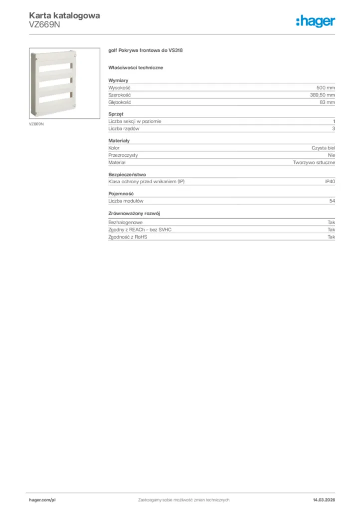 Zdjęcie Hager Karta katalogowa VZ669N | Hager Polska