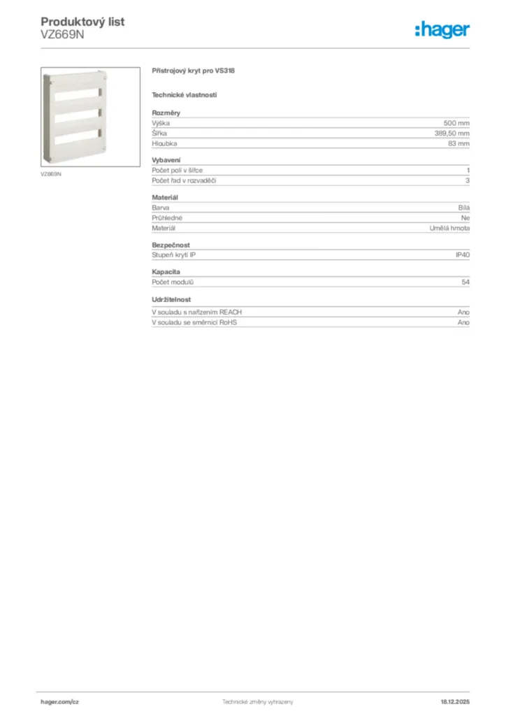Obrázek Hager Produktový list VZ669N | Hager