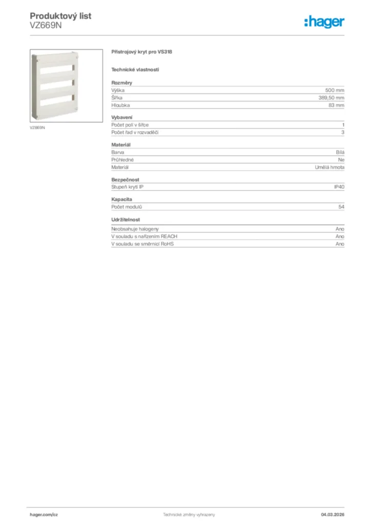 Obrázek Hager Product data sheet VZ669N | Hager