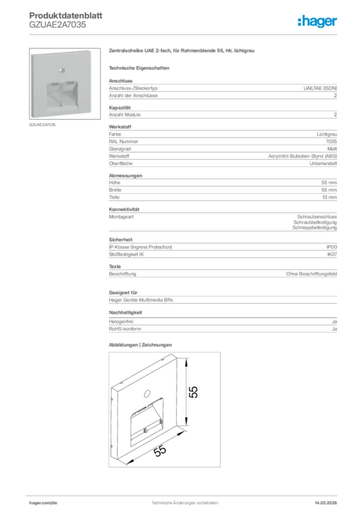 Bild Hager Produktdatenblatt GZUAE2A7035 | Hager Deutschland