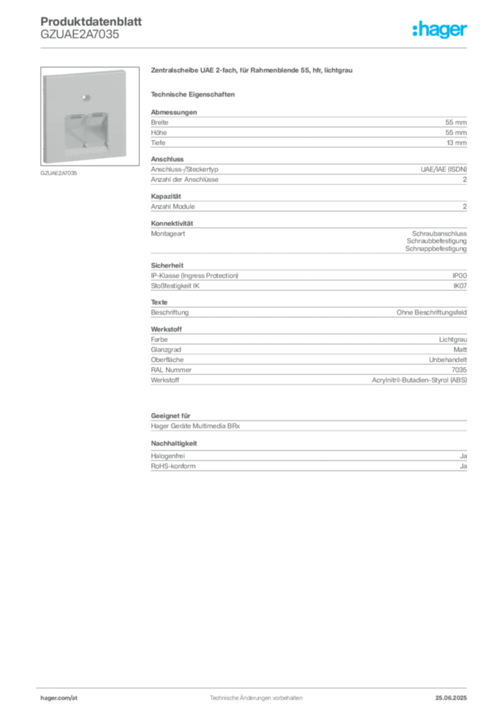 Bild Hager Produktdatenblatt GZUAE2A7035 | Hager Deutschland