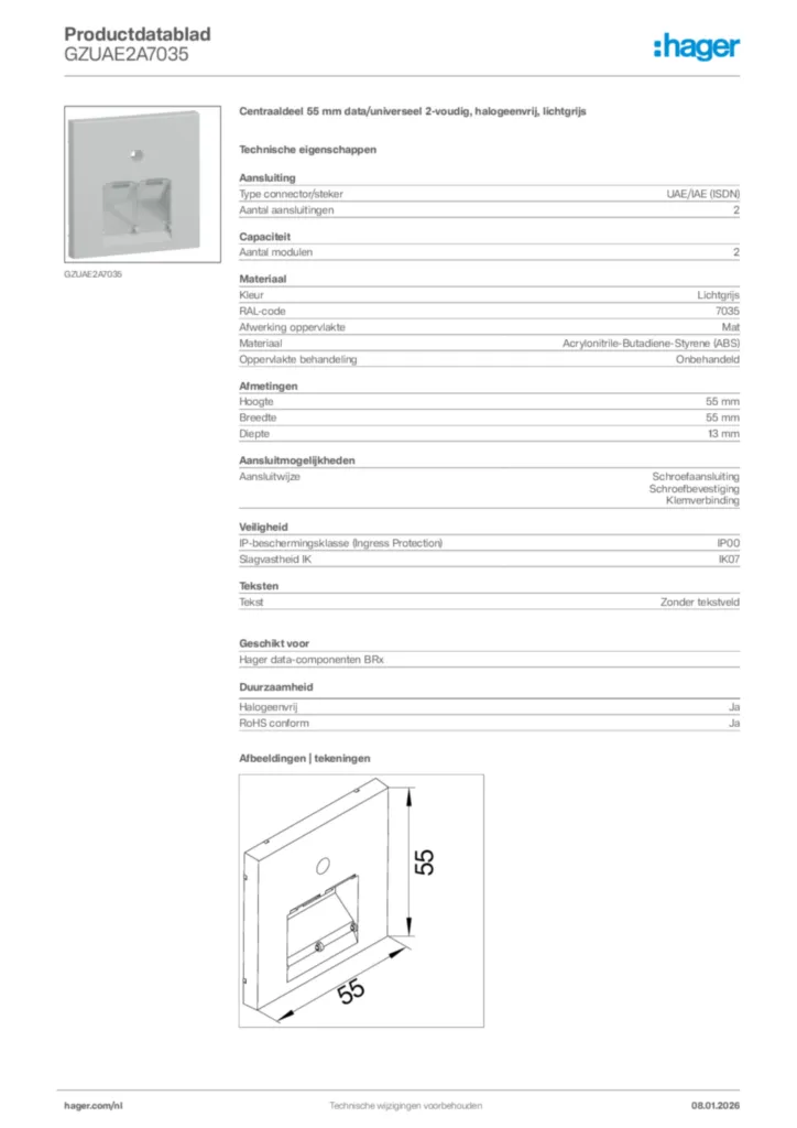 Afbeelding Hager Productdatablad GZUAE2A7035 | Hager Nederland
