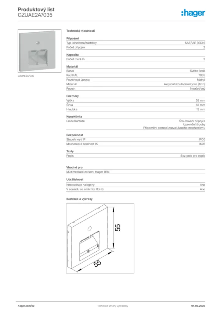 Obrázek Hager Product data sheet GZUAE2A7035 | Hager