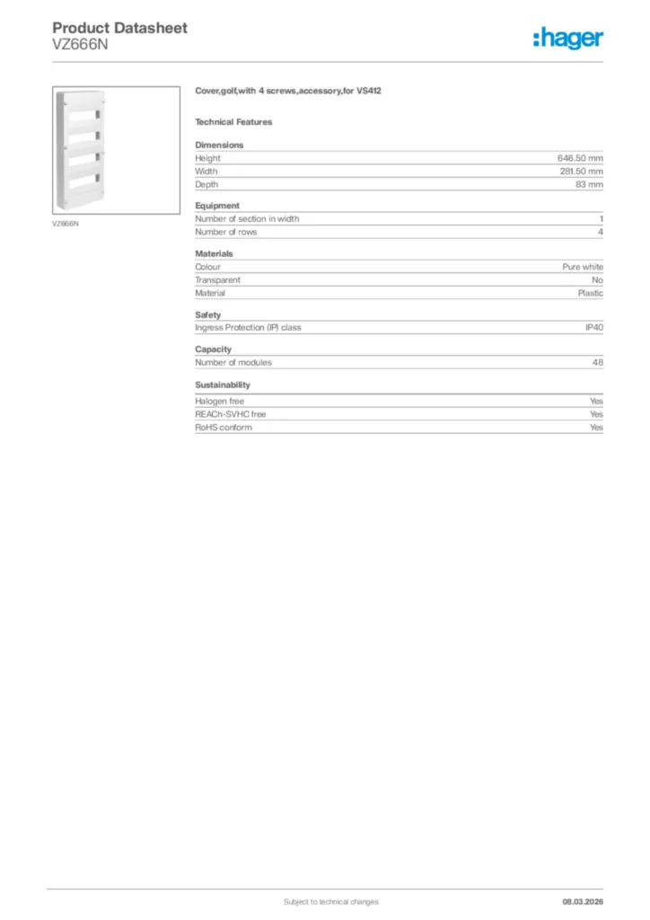 Image Hager Product data sheet VZ666N  | Hager Africa
