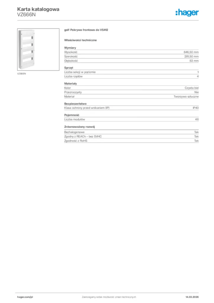 Zdjęcie Hager Karta katalogowa VZ666N | Hager Polska