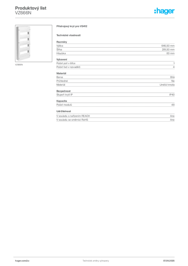 Obrázek Hager Produktový list VZ666N | Hager