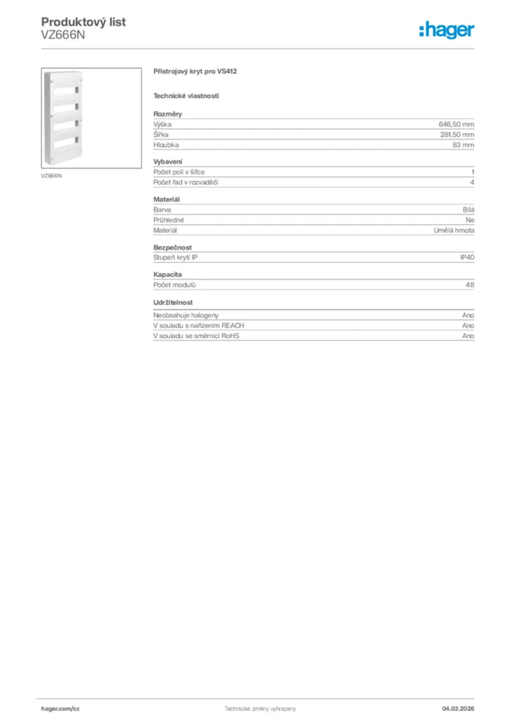 Obrázek Hager Product data sheet VZ666N | Hager