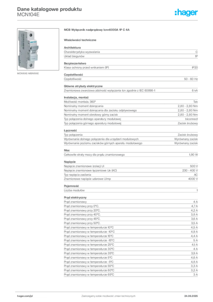 Zdjęcie Hager Karta katalogowa MCN104E | Hager Polska