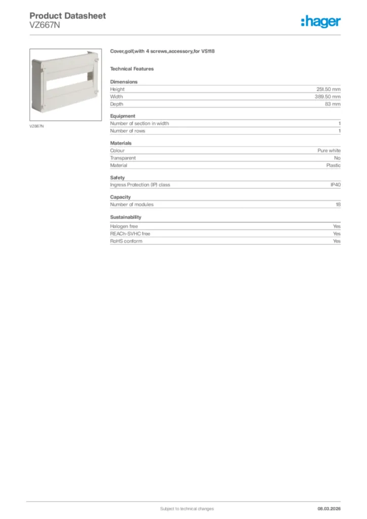 Image Hager Product data sheet VZ667N  | Hager Africa
