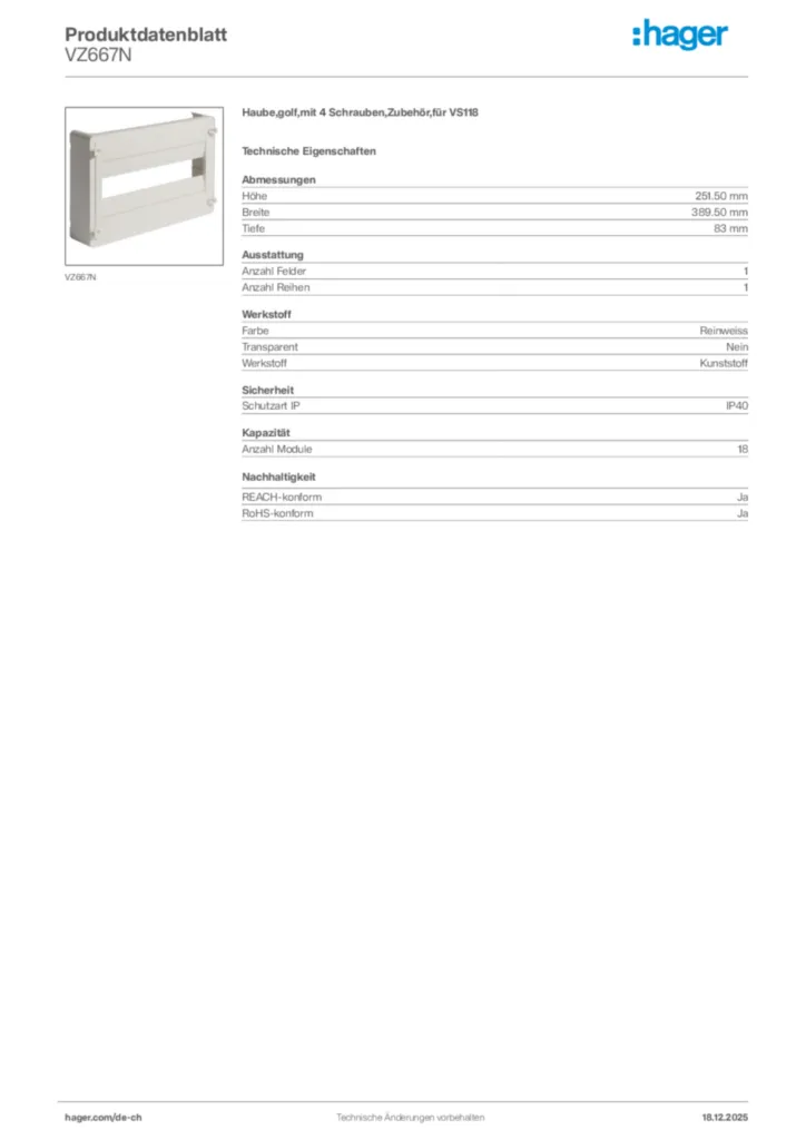 Bild Hager Produktdatenblatt VZ667N | Hager Schweiz