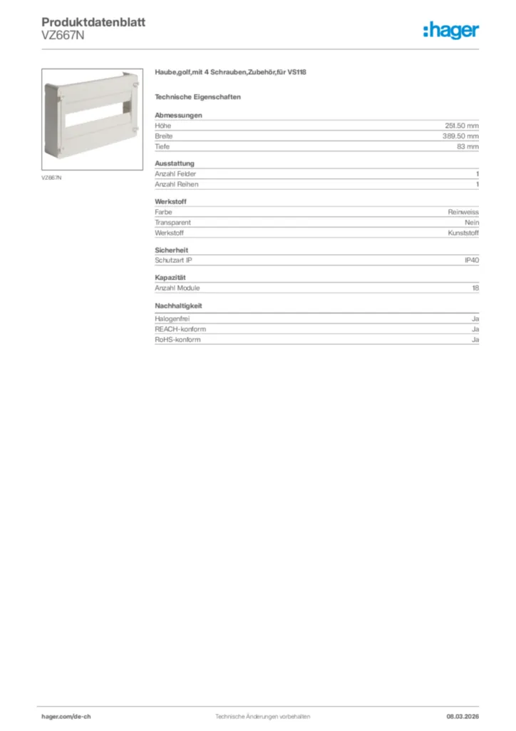 Bild Hager Produktdatenblatt VZ667N | Hager Schweiz