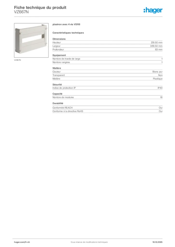 Image Hager Fiche technique du produit VZ667N | Hager Suisse