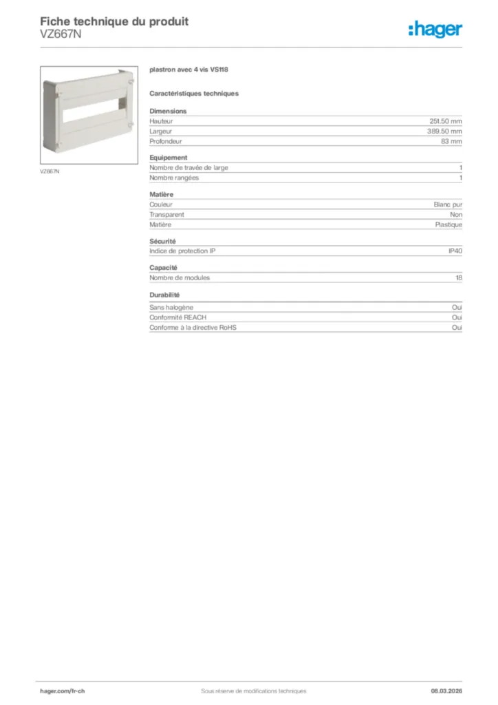 Image Hager Fiche technique du produit VZ667N | Hager Suisse