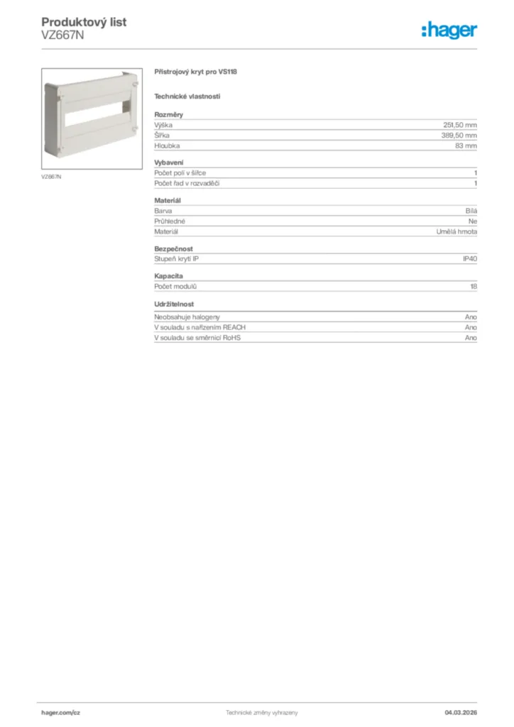 Obrázek Hager Product data sheet VZ667N | Hager