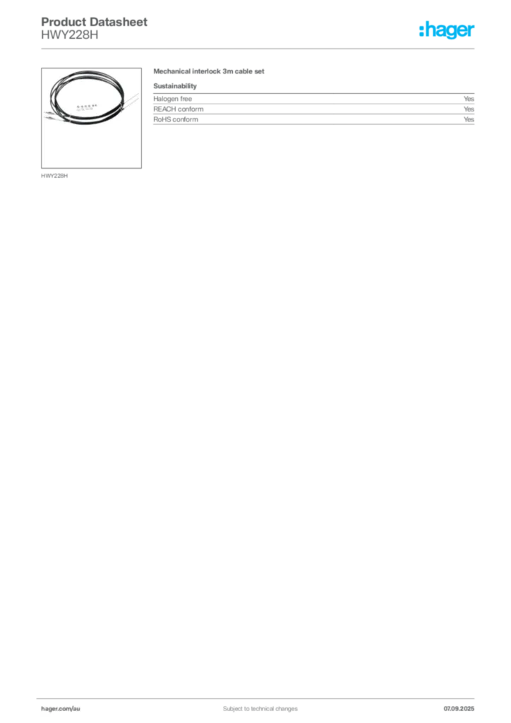 Image Hager Product data sheet HWY228H  | Hager Australia