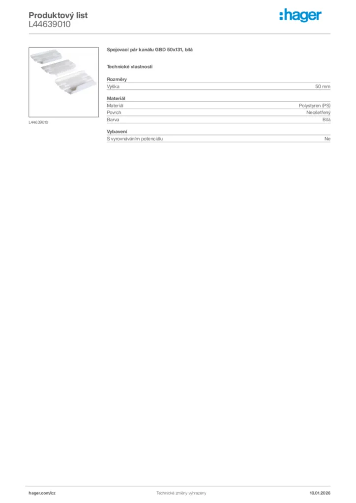 Obrázek Hager Product data sheet L44639010 | Hager